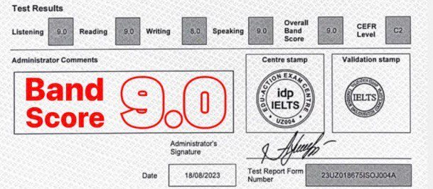 IELTS Test Report Form: Listening 9.0, Reading 9.0, Writing 8.0, Speaking 9.0, overall band score 9.0